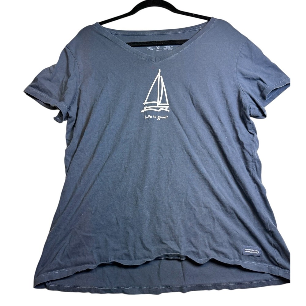 Life is Good Sailboat Graphic V‎ Neck Tee Casual Top Womens XL Blue Summer